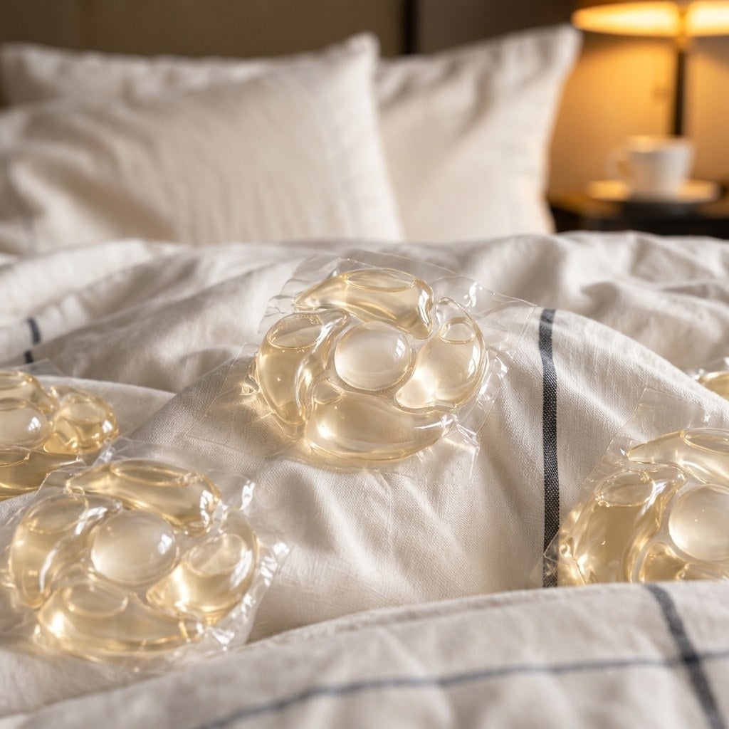 Esenne luxury perfume laundry pods on fresh bed linens