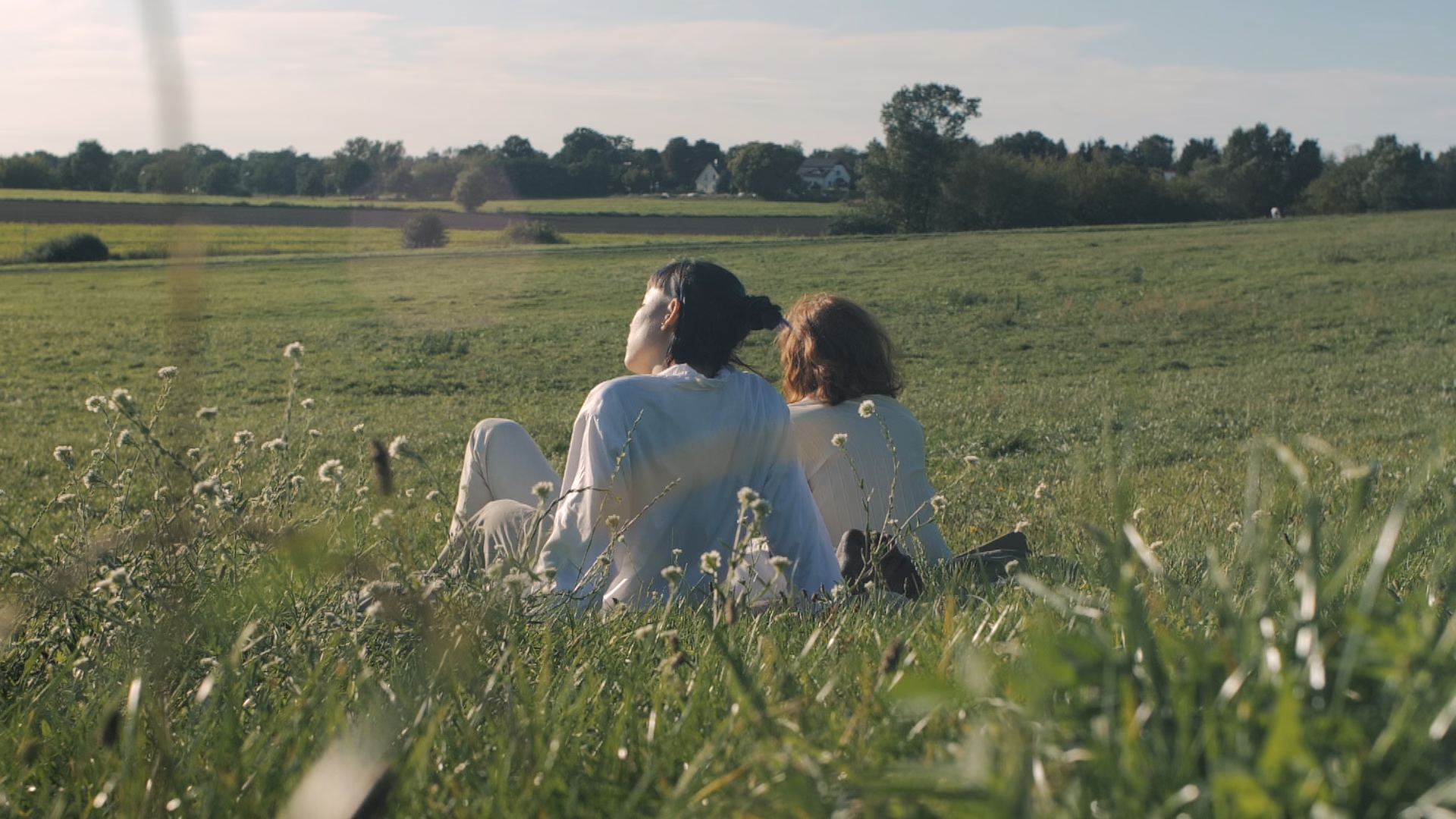 Couples fragrance in sunlit meadow